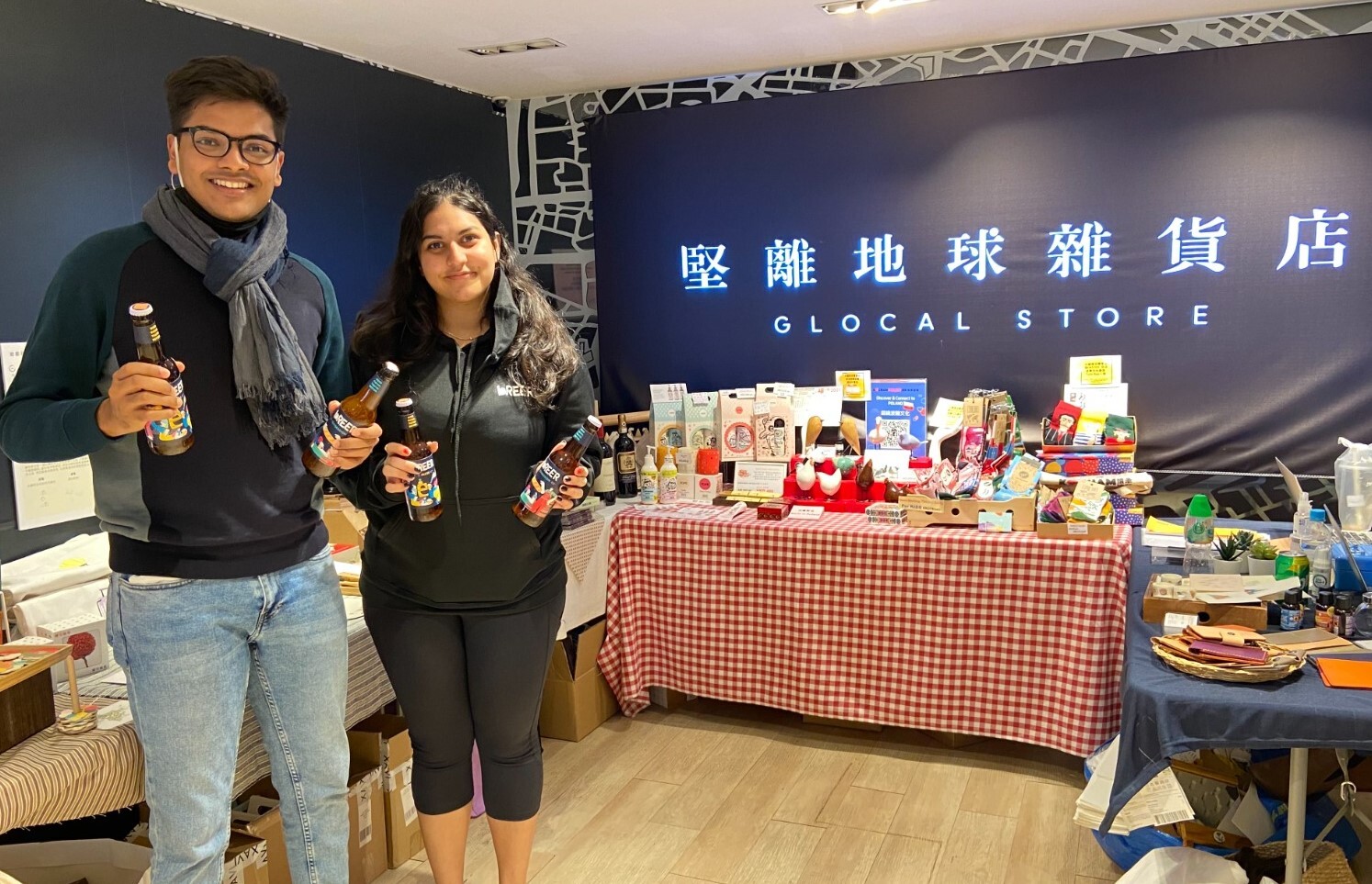 The team selling beers at a pop-up stall