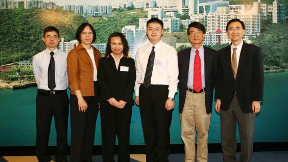 President Paul Chu and his wife Mrs May Chu made a donation of HK$ 1 million to honor two winning Physics students, Miss Ho Cheuk Ting, Cherry and Mr Hong Xiaoping. Their project advisors, Prof Chan Che Ting (first from left) and Prof Michael Loy (first from right) also present at the ceremony to share the happiness.