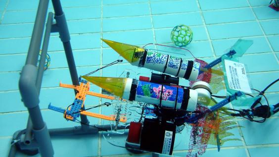  A student-made robot is scoring the goal.