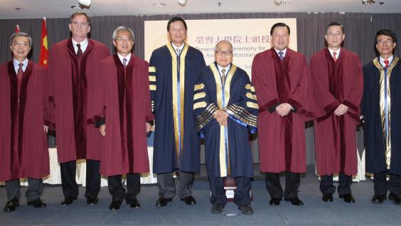 At the Honorary Fellowship Presentation Ceremony: (from left) Mr Peter Wong, Prof Andrew Walder, Mr Anthony Tan, Dr Marvin Cheung, Dr the Hon Sir SY Chung, Mr Tim Lui, Mr Paul Chow, and President Paul Chu.	