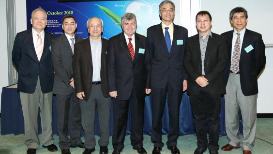 Some of the speakers at the HKUST Entrepreneurship Day: (from left) Prof Yuk-Lam Lo, Dr Rocky Law, Dr James Fok, Prof Ali Beba, Prof Wei Shyy, Dr the Hon Samson Tam, and Prof Matthew Yuen.