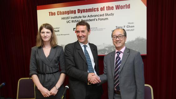 (From right) President Tony F Chan, Dr Jim O’Neill, and Ms Elena Morenko of UC RUSAL at the press conference