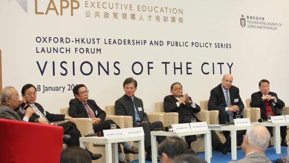 Forum speakers at the panel discussion: (from left) Dr John Chan Cho-chak, Chairman of the Court of HKUST; Prof Lionel M Ni, Chair Professor and Dean of HKUST Fok Ying Tung Graduate School; Dr Mah Bow Tan, Member of Parliament and Former Minister of National Development of Singapore; Dr Vincent H S Lo, Chairman of Shui On Group; Dr Victor Fung, Group Chairman of Fung Group; Mr Jay Herbert Walder, Chief Executive Officer of the MTR Corporation; and Prof Nelson Chow Wing-sun, Chair Professor in Department of 
