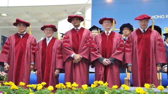  The five honorary doctorate recipients: (from left) Prof Lap-Chee TSUI, Mr James E THOMPSON, Dr Raghuram G RAJAN, Prof Sir John PENDRY, Mr Hans Michael JEBSEN.