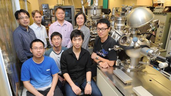  物理學系研究團隊：（後排左起）羅錦團教授、Rolf Lortz教授、蘇蔭強教授、王建農教授，以及他們的研究生（前排）。