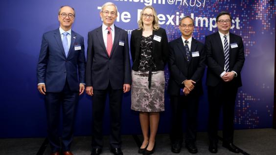  (From left) Prof Tony F Chan, President of HKUST; Prof Sir Christopher Pissarides, IAS Helmut &amp; Anna Pao Sohmen Professor-at-Large; Ms Jo Hawley, Director of UK Trade &amp; Investment, British Consulate-General in Hong Kong; Mr Nicholas Kwan, Director of Research, the Hong Kong Trade Development Council; Prof Kar Yan Tam, Dean of the HKUST Business School.
